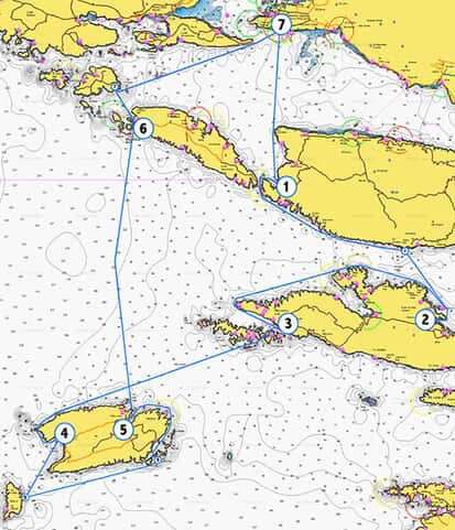 Route map from Split to Brac, Hvar, Vis and Solta