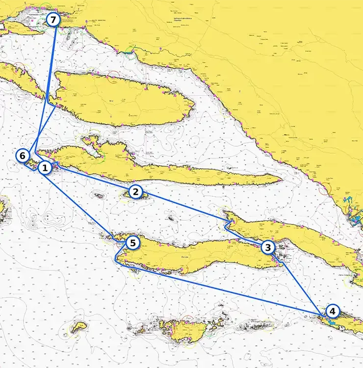 South Dalmatia route map via Hvar, Korcula and Mljet