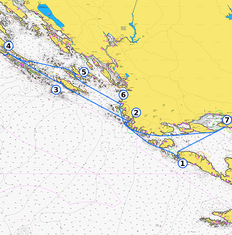 Weekly sailing route map in North Dalmatia and Kornati