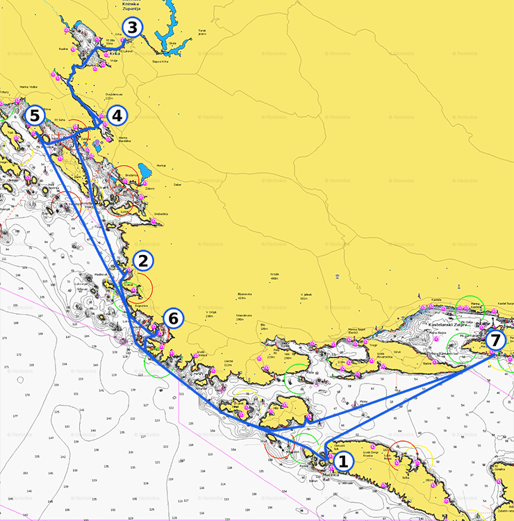 Weekly sailing route map in North Dalmatia with Skradin and Krka
