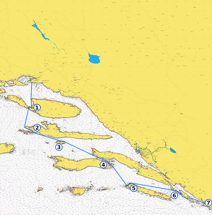One-way yacht charter route map from Split to Dubrovnik