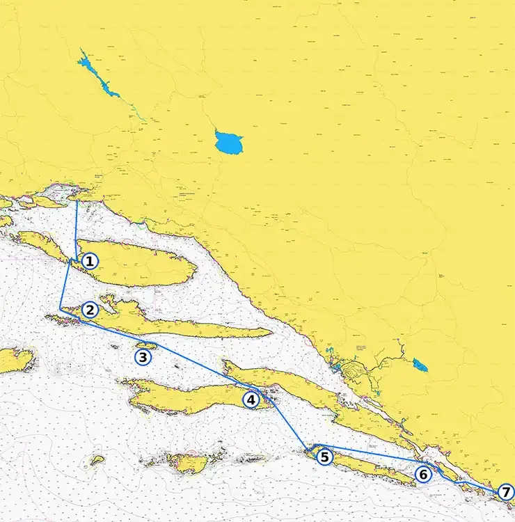Mapa trasy czarteru jachtów w jedną stronę ze Splitu do Dubrownika
