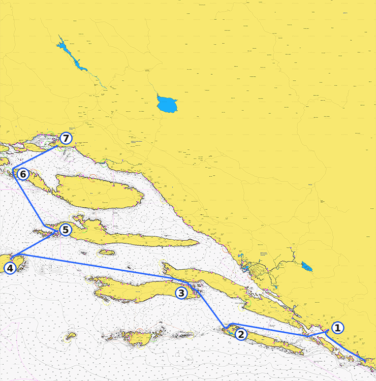 One-way yacht charter route map from Dubrovnik to Split