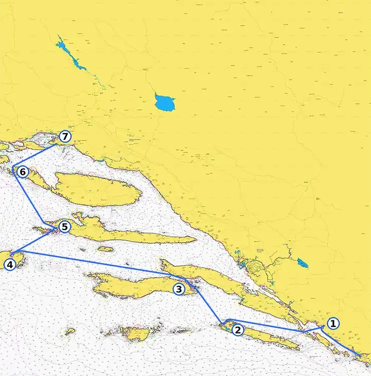 Mapa trasy czarteru jachtów w jedną stronę z Dubrownika do Splitu